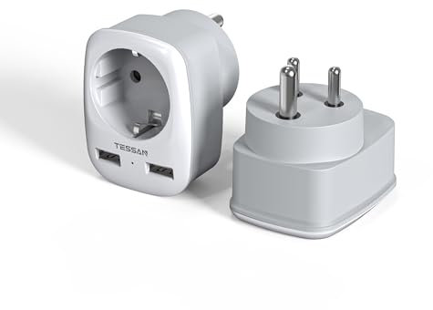 TESSAN 2 Pack Reiseadapter Indien mit USB, 3 in 1 Reisestecker Indien Stromadapter, Adapter für Sri Lanka, Nepal, 1 Fach Adapter Steckdose mit 2 USB, 2500W Typ D Steckdosenadapter Grau