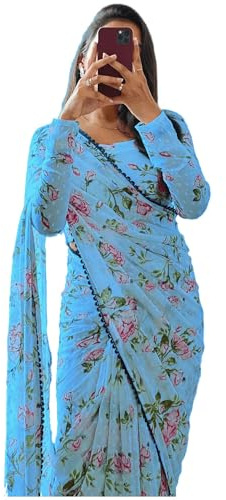 Sidhidata Women's Georgette Digital Printed Ready To Wear one Minute Saree With Unstitched Blouse Piece (X Sky Blue)
