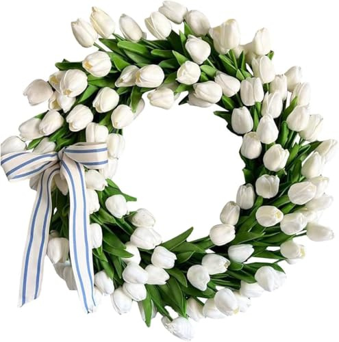 Ghirlanda di Fiori di Seta con Architrave di Tulipani Bianchi, Ghirlanda di Fiori Artificiali, Fiori Finti da 40 cm, Decorazione Floreale, Ghirlanda di Cerchi Floreali, Decorazioni per Fines