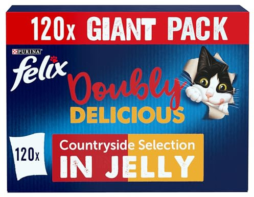 FELIX Doubly Delicious Adult Wet Cat Food Countryside Selection in Jelly Beef, Poultry, Chicken, Kidney, Lamb, Turkey, Liver 120 x 85g Pouches