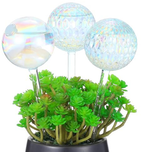 Plant Watering Globes Set, 3Pcs Light Iridescent Self Watering Globes for Plant, Clear Glass Plant Watering Bulbs Insert Spikes Plant Accessories for Home Indoor Outdoor Automatic Irrigation System