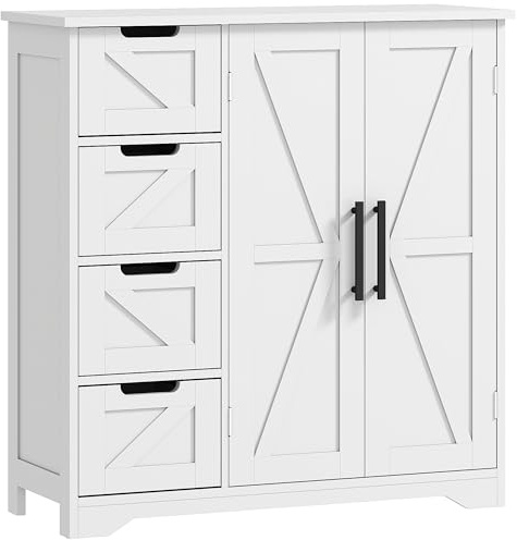 HOMCOM Meuble de Salle de Bain, Meuble de Rangement, Armoire Salle de Bain avec 4 tiroirs, 1 Placard, étagère réglable, pour Salon, Salle à Manger, Petits espaces, 81,2 x 30 x 83,8 cm, Blanc