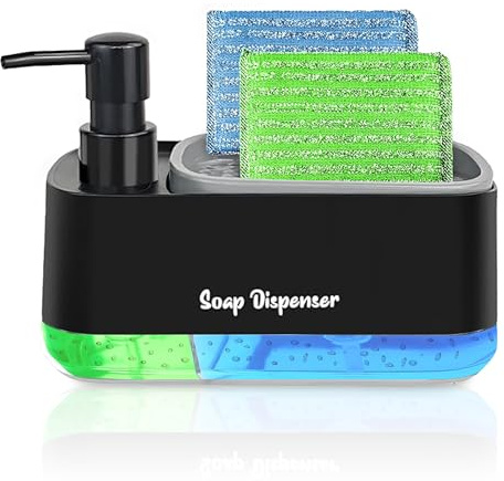 Dispensador Jabon Cocina y 2 Estropajos Antirayaduras | 3 en 1 | 360ml y 300ml | Jabonera Cocina con Uso de Una Mano y Soporte para Estropajo | Dispensador de Jabon para Encimera Cocina