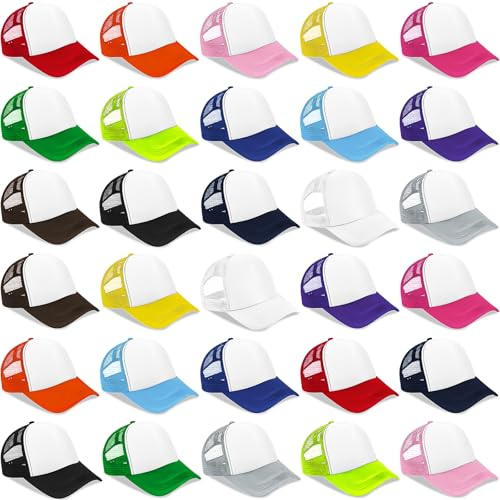 Kaxtde 30 Stück Kinder Sublimations Kappe Set, DIY Mesh Basecaps mit Sublimationsdruck, Blanko Baseball Trucker Caps für Outdoor Sport Bastelprojekte Kreative (15 Farben)