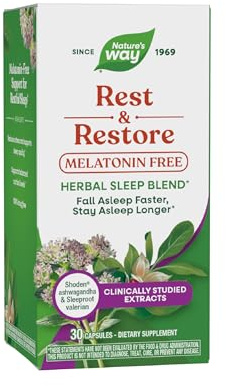 Nature’s Way Rest & Restore, Melatonin-Free Sleep Supplement*, with Ashwagandha, Valerian, Vegan, 30 Capsules