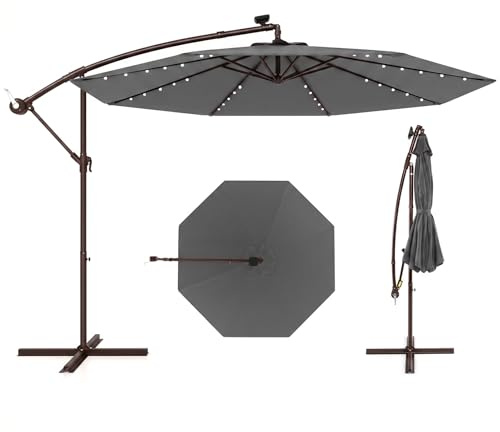 RELAX4LIFE Ombrellone da Giardino 3x3m con 40 Luci LED, Ombrellone da Balcone, Inclinazione Regolabile, Pannello Solare, per Patio, Cortile, Ristorante o Bar (Grigio)