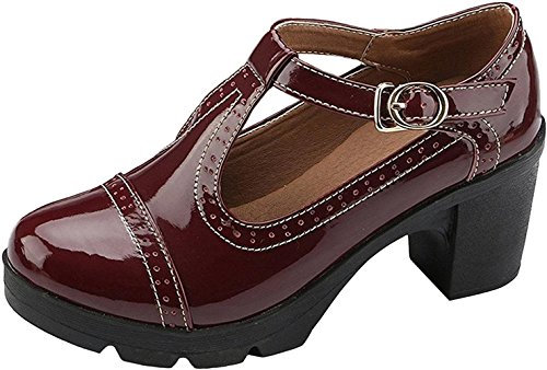 DADAWEN Women's T-Strap Platform Court Shoes Mid Heel Mary Jane Oxfords Dress Shoes Red 6 UK
