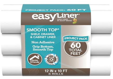 Smooth Top EasyLiner for Cabinets & Drawers, Easy to Install, Shelf Paper & Drawer Liner Non Adhesive, Non Slip Shelf Liner for Pantry, Kitchen Essentials, 12 in x 10 ft (6 Pack), 60 ft, White