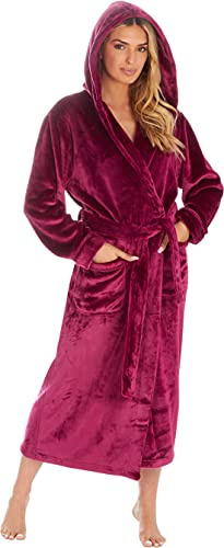 KATE MORGAN Ladies Luxury Longer Length Soft & Cosy Hooded Dressing Gown (20-22, Berry)