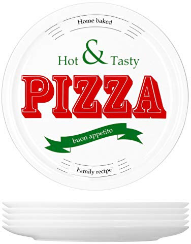 MamboCat 6-er Set Pizzateller Hot & Tasty Ø 30,5 cm große weiße Teller aus Steingut zum Anrichten für Pizza und Co oder als Steingutplatten zum Servieren von Wurst und Käse I Pizza Teller mit Motiv