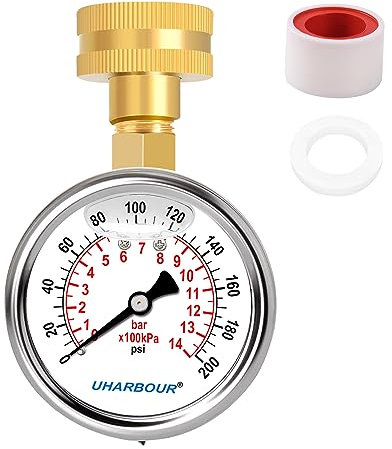 UHARBOUR Glycerin Filled Water Pressure Gauge 200psi/14bar, 2 Dial,Stainless Steel Case, Brass Inside Construction, Female 3/4NPT Rear Connection for Garden Hose Thread