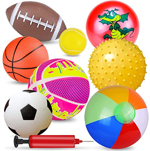 Ynanimery 8 Pack Bouncy Sport Toy Balls for Toddler 1-3 - Basketball, Soccer, Beach Balls, Acanthosphere-Soft Balls for Kids Boys Girls Indoor Outdoor Beach Playground Yard with Pump