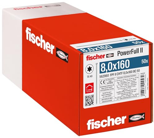 fischer PowerFull II 8,0 x 160, Premium Vollgewindeschraube (50 Stk.) mit innovativer Spitzengeometrie, Stahlschraube für tragende Holzkonstruktionen mit Zylinderkopf, vermindert Spaltrisiko