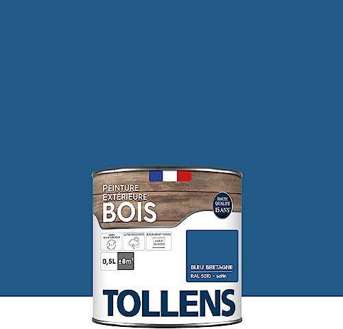 Tollens - Peinture extérieure bois 2 en 1 - Ultra Résistante - Finition Satin - Laque Riche en Résine - Pour Toute Boiserie Extérieure - Sans Sous-Couche - Satin - Bleu Bretagne - 0,5L = 8m2