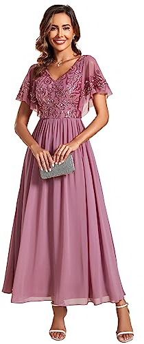 Ever-Pretty Vestito da Sera Mamma Lungo Chiffon Linea ad A Scollo a V Maniche Corte Chic Abito da Cerimonia Orchidea 52