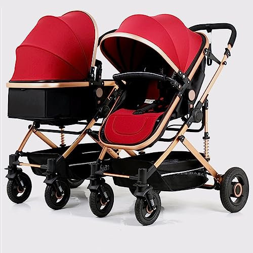 YCKEGEW Passeggino Gemellare Leggero per Bambini Passeggino Tandem per Bambini Carrozzine per Bambini A Doppia Seduta,Passeggini da Viaggio Side By Side con Cestino Portaoggetti (Color : Red)