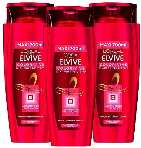 L'Oréal Paris Elvive Color-Vive Shampoo Protettivo per Capelli Colorati o con Mèches Esalta Luminosità Colore con Filtri Raggi UVA/UVB - 3 Flaconi da 700ml