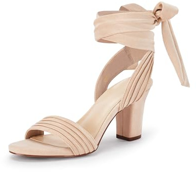 Coutgo Womens Strappy High Heels Chunky Heeled Sandals Bow Tie Lace Up Open Toe Pumps Dress Wedding Comfortable Shoes,Nude,Size 8