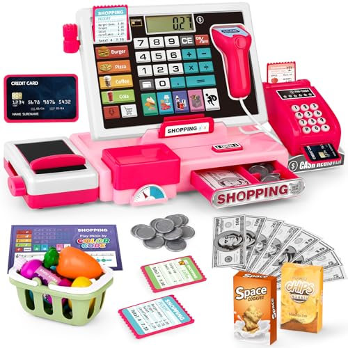 maysida Kinder Registrierkasse Spielzeug Playset, Kleinkind Prentend Play Store mit echtem Taschenrechner Registrierkasse mit Scanner/Kreditkarte/Spielgeld/Lebensmittel(Rosa)