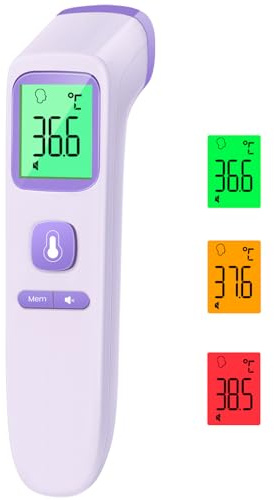 Thermomètre frontal sans contact avec valeurs de mesure instantanées précises, alarme de fièvre, écran LCD et 35 rappels de mémoire, thermomètre infrarouge numérique pour enfants et adultes, violet