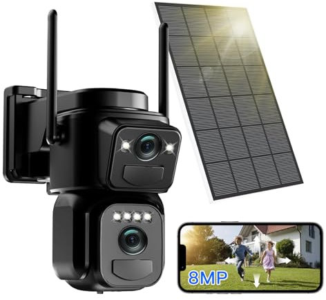 BEZOMIZ 4K Solar Security Cameras Wireless Outdoor, 5GHz/2.4GHz WiFi Dual Lens 360° PTZ Cameras for Home Security with Color Night Vision, 2 PIR Motion Detection, Siren, 2-Way Talk, IP66