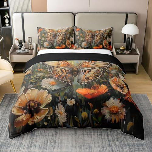Homewish Fliegender Schmetterling 100% Baumwolle Bettwäsche Set 220x240 für Kinder,Groovy Blume Bettbezug für Jungen Mädchen,Garten Floral Bett Set,Ölgemälde Schmetterling Bettbezug Atmungsaktiv