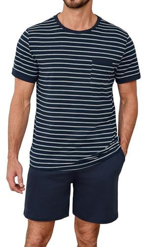 Jahetuul Pijama Corto Hombre Verano de Algodón 2 Piezas con Bolsillos Liso