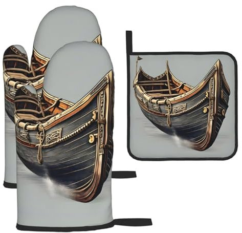 Old Viking Boats Christmas Oven Mitts And Pot Holders Gift For Family For Kitchen Baking,Heat Resistant,Set Of 3