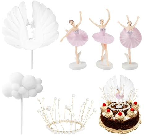 GTYHH 3 Statue Ornamentali di Ballerine, 1 Ala, 1 Corona, 1 Nuvola, Decorazione per Torta di Compleanno, Decorazione per Torta per Ragazza, Decorazioni per Feste di Balletto