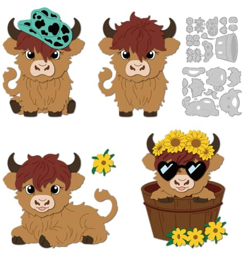DELORIGIN Highland Cattle Cutting Dies Flower Cute Cow Card Making Die Stencil Metal Die Cuts Card Scrapbooking Embossing Template Dies for Greeting Cards Craft Paper Album Invitation Festive Decor