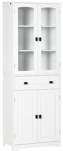 HOMCOM Credenza Cucina con 2 Armadietto e Cassetto 60x30x160cm Bianco | Mobile Dispensa Stretto, Ante in Vetro, Ripiani Regolabili, per Soggiorno, Sala da Pranzo
