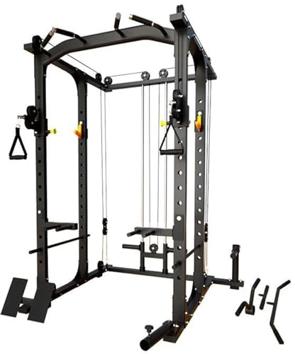 Modern Fitness Multi Function Power Squat Rack, Power Cage with Adjustable Cable Crossover System and More Training Attachment, All-in-One Squat Rack with Dual Pulley System, Weight Cage