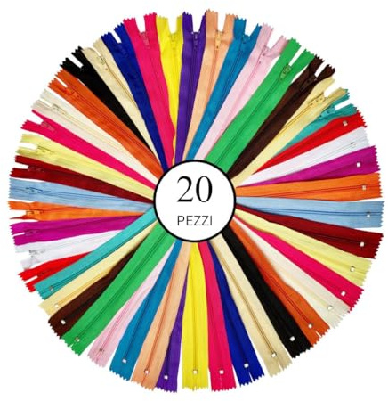 Cerniera in nylon KGS | Cerniere multicolor per lavori di cucito e di ricambio per borse, astucci, gonne, abiti (20 colori (20 pezzi), 23 cm / 9 pollici)
