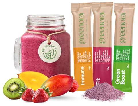 GREENORA Smoothie Végétalien Poudre de Fruits Lyophilisés 100% Naturelle. Déshydratée. Fraise Pomme Gingembre Mangue Betterave Spiruline. Sans Sucre Ajouté 9x24g