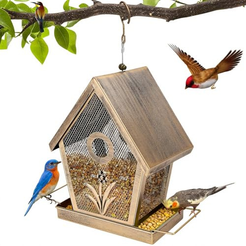 QGGTQG Comedero metálico para Pájaros Casita Colgante para Pájaros Silvestres Comedero Resistente a La Intemperie Pequeño con Capacidad de 1,1 Kg, Ideal para Jardines, Patios y Patios Traseros
