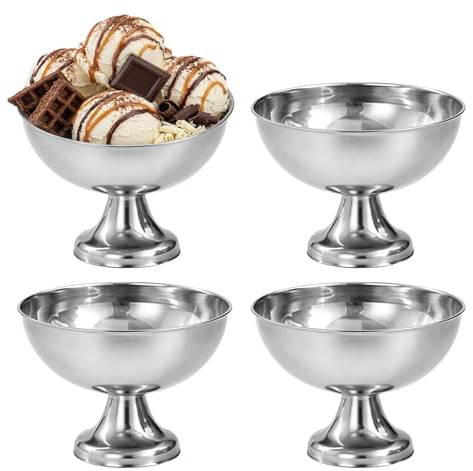 BORDEAG 4-styckes set glassbägare rostfritt stål, 240 ml dessertskål rostfritt stål, spegelpolerad silver, 304 livsmedelssäker, för hem, restaurang och fest