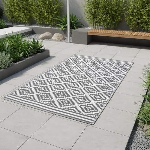 Jet-Line Outdoor Teppich Austin Grau 90 x 150 cm Gartenteppich Witterungsbeständig Geometrisches Design für Terrasse und Balkon