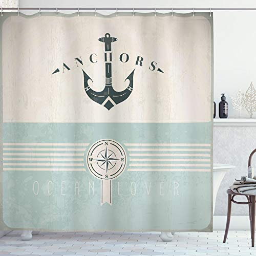 ABAKUHAUS Nautisch Duschvorhang, Altmodisch Maritim Anker, Stoffliches Gewebe Badezimmerdekorationsset mit Haken, 175 x 180 cm, Seafoam Beige Reseda Grün
