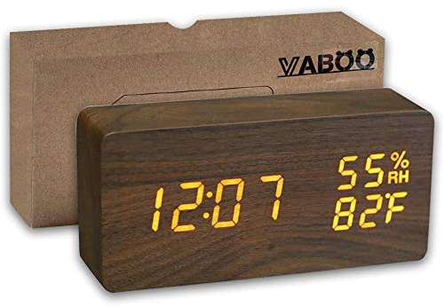 VABOO Sveglia in Legno, Sveglia Digitale a LED in Legno, Orologio da Tavolo con Display Temperatura umidità Ore, 3 Livelli di Luminosità, Controllo Vocale,Orologio da Comodino Doppio Alimentatore