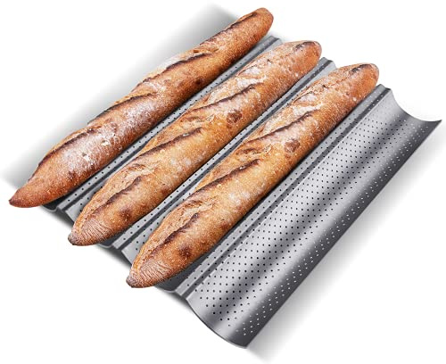 KITESSENSU Nonstick Baguette Pans for French Bread Baking, Perforated 4 Loaves Baguettes Bakery Tray, 15 x 13, Silver