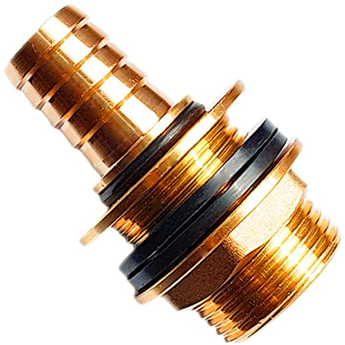 MegaHaustechnik Regentonnendurchführung Messing für 42mm LochØ AG 1 1/4 Zoll, Wandung max. 19mm, mit Schlauchtülle AußenØ 25mm für 1“ Schlauch, 3 Dichtungen, Fass Verschraubung Tank