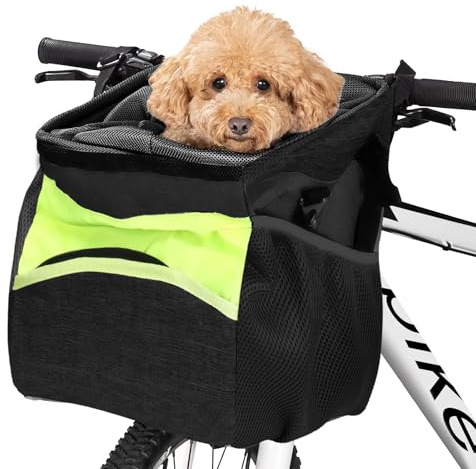 PETCUTE Cestino per Animali Domestici per Cani, Staccabile Borsa da Bicicletta cane, Materasso Morbido, Staccabile e Pieghevole Cestino per Bici con Tasche Portaoggetti, Tracolla Imbottita