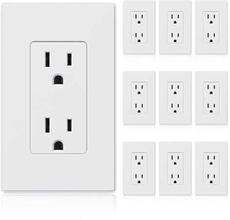 ELEGRP Matte White Standard Decorator Electrical Wall Receptacle Outlet, 15A 125V, 2 Pole 3 Wire, Non-Tamper Resistant, NEMA 5-15R, Self-Grounding, Wall Plate Included, UL Listed, 10 Pack