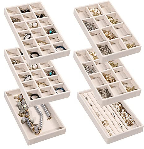 Frebeauty Jewellery Organiser Tray,Stackable Velvet Jewellery Trays,Drawer Inserts Earring Organiser For Women Girls Jewellery Storage Display Case for Rings Stud Necklaces,Set of 6(Beige)