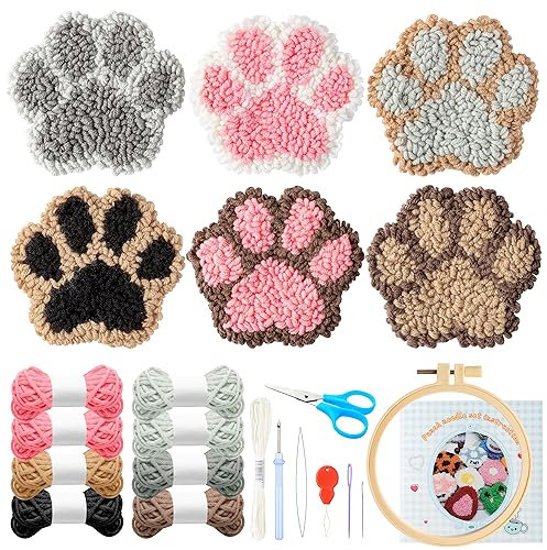 WATINC 22PCS Craft Punch Needle Coaster Kit with Claw Pattern DIY Embroidery Kit for Beginner Easy Embroidery Art and Crafts Needle Coaster with Instruction for Adults
