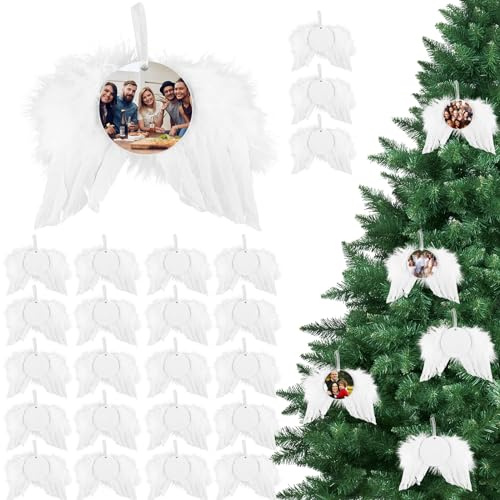 12pcs Décoration d'ailes d'ange de Noël, Ailes d'ange Blanches pour Travaux Manuels avec 12pcs Vierges par Sublimation Ornement à Suspendre en Plumes pour Arbres de Noël (Rond)