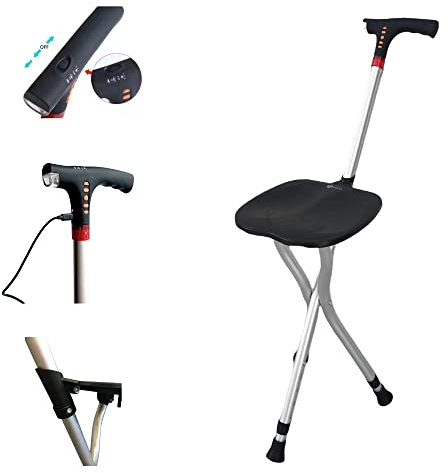 Dr@home Multifunctional Seated Cane-Adjustable Walking Cane with Folding Seat-LED Lights,Emergency Alarm-Senior Mobility Aid