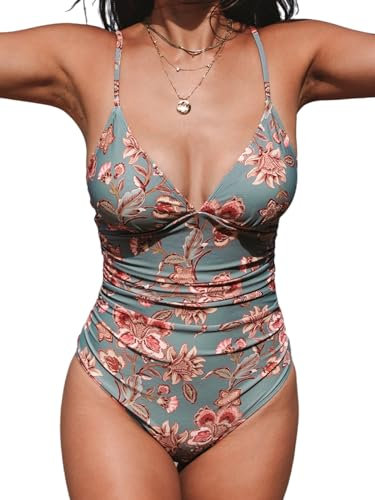 CUPSHE Damen Badeanzug V Ausschnitt Bauchweg Raffungen Triangelkörbchen Blumenmuster Einteilige Bademode Swimsuit Retro Blumenmuster S