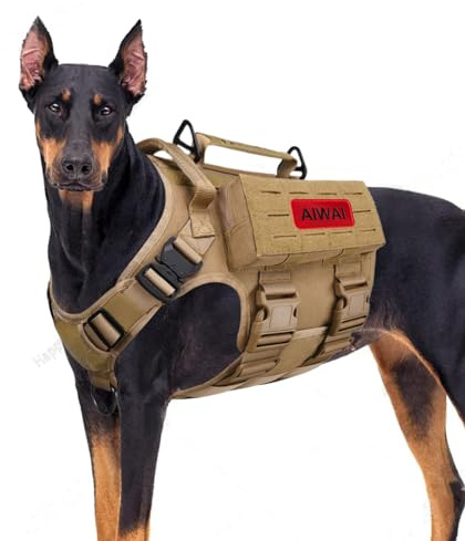 AIWAI Tactical Dog Harness with Handle for Large Dogs,2X Metal Buckle, Dog MOLLE Vest with Pockets,No Pull Adjustable Pet Harness, Easy Control Dog Vest Harness for Working Training (Khaki, XL)
