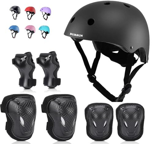 BURSUN Kinder Fahrradhelm Kinderhelm 7 in 1 Profi Knieschoner Kinder Set, Verstellbar Skaterhelm Knieschoner für Fahrrad Skateboard Roller Skaten Scooter 2-16 Jahre Alt Junge Mädchen